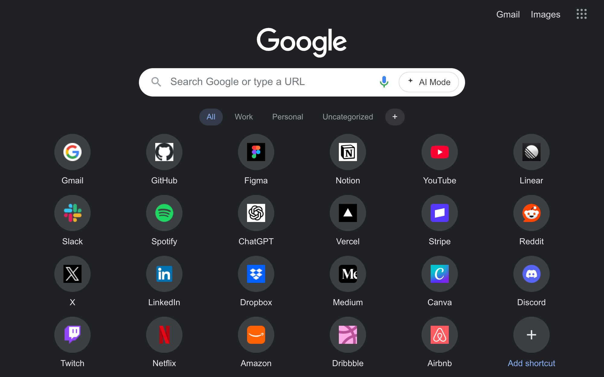Chrome New Tab showing 24 Unlimited Shortcuts tiles wrapping onto four rows