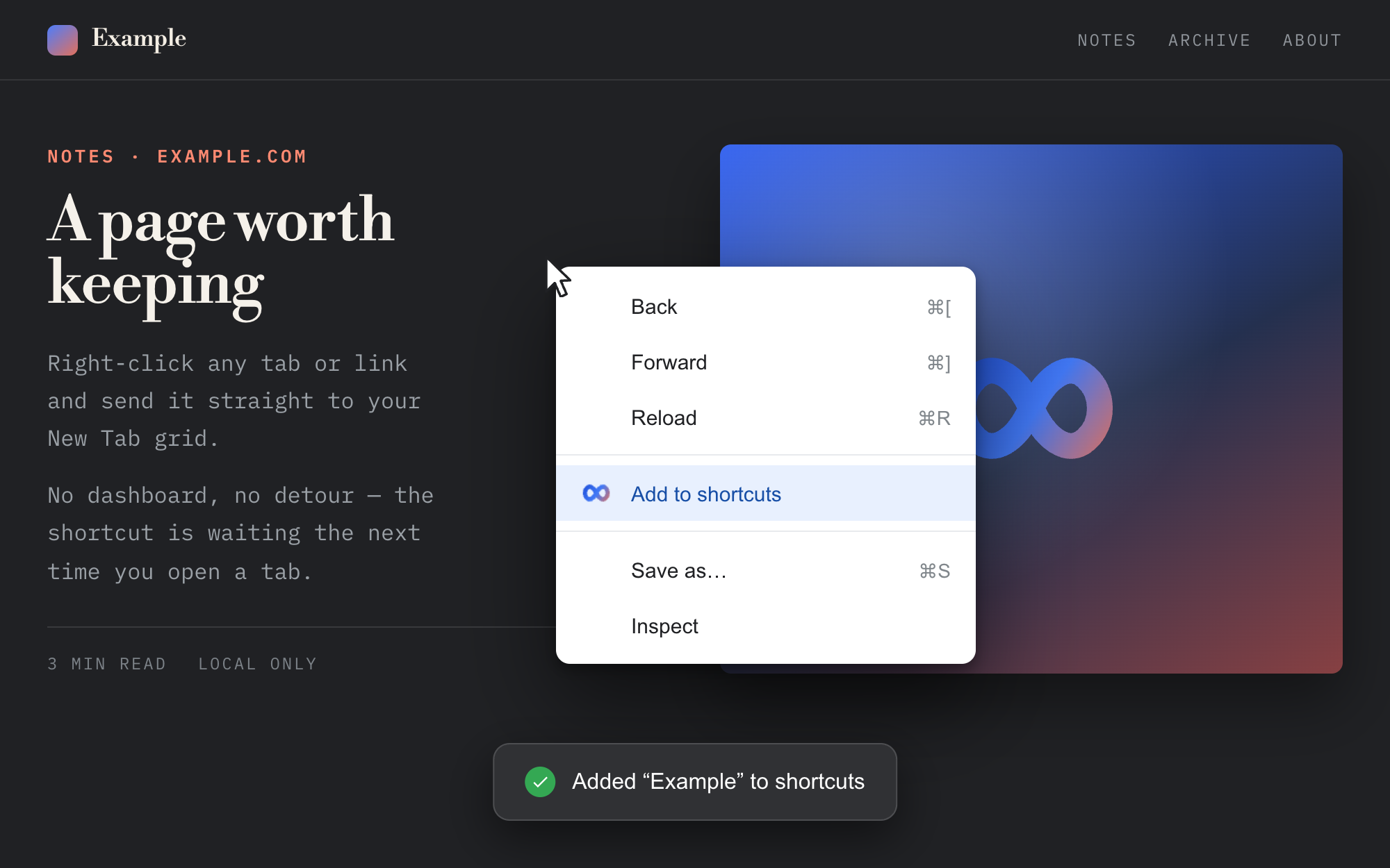 Right-click menu with Add to shortcuts selected and a confirmation toast