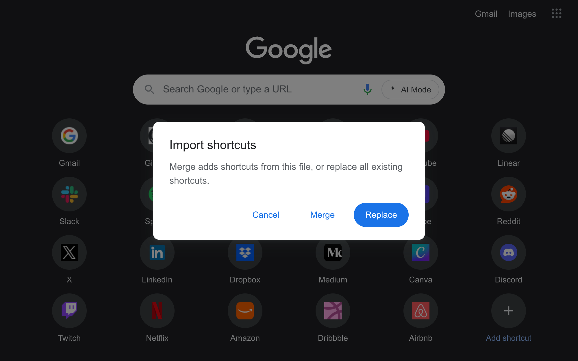 Import shortcuts dialog offering Merge and Replace